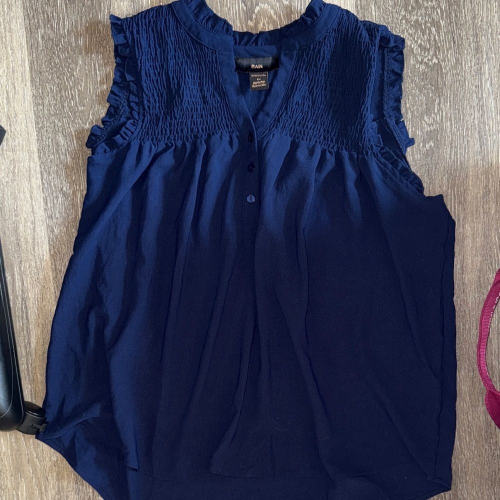 Navy Sleeveless Blouse with Ruffle Detail